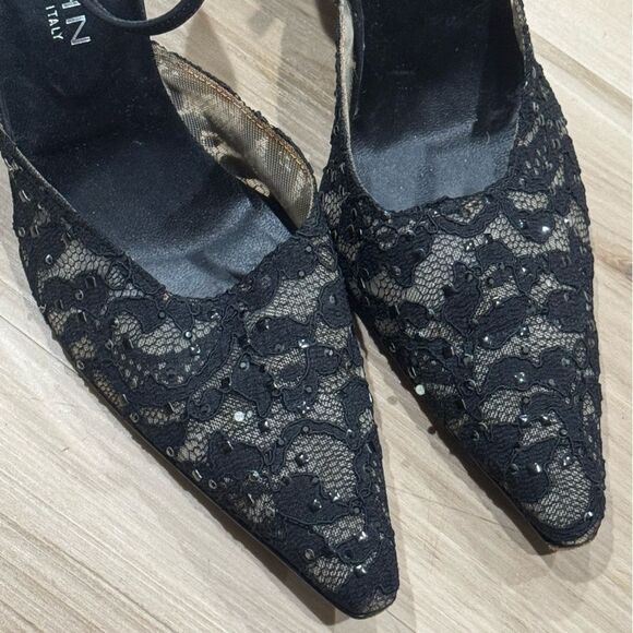 St John Italian Pumps Pointed Toe Kitten Heels Black Lace Sparkle Women’s 8.5 - Picture 2 of 6